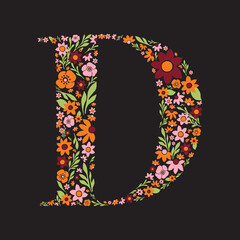 Letter D made with retro flowers. Vector image. Orange, pink, burgundy & green floral letter.