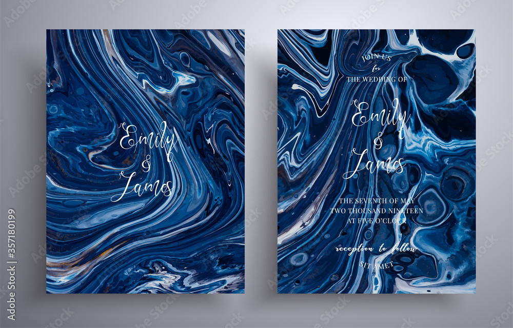 Wall mural Set of acrylic wedding invitations with stone pattern. Mineral vector cards with marble effect and swirling paints, black, navy blue and white colors. Designed for posters, brochures and etc