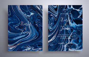 Set of acrylic wedding invitations with stone pattern. Mineral vector cards with marble effect and swirling paints, black, navy blue and white colors. Designed for posters, brochures and etc