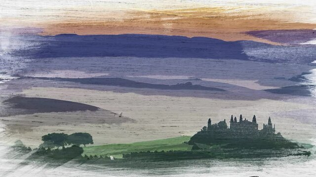 Watercolor timelapse of sunrise over foggy valley in Tuscany