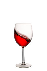 A splash of red wine in a glass on a white background. Healthy wine before dinner