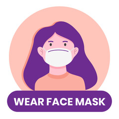 Wear face mask information sign. Flat style woman wearing face mask vector illustration