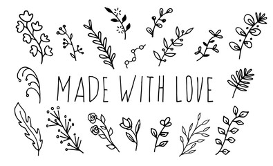 Hand drawn doodle floral element with lettering Made with love.