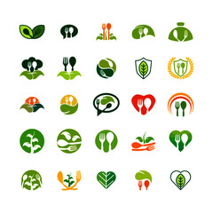 Vector eco, organic, bio logos or signs. Vegan, raw, healthy food badges, tags set for cafe, restaurants, products packaging etc.