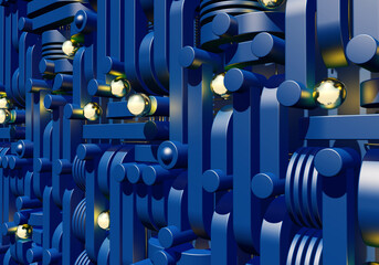 Blue industrial or technology abstraction with shiny golden balls and connection pipes. 3D illustration