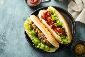 Homemade hot dogs with ketchup and mustard
