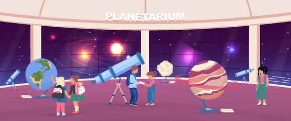 School excursion to planetarium flat color vector illustration