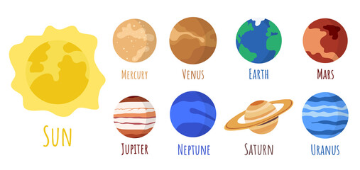 Cartoon solar system planets. Astronomical observatory planet, Sun, venus mercury neptune uranus and earth universe astronaut sign. © Анастасия Красавина