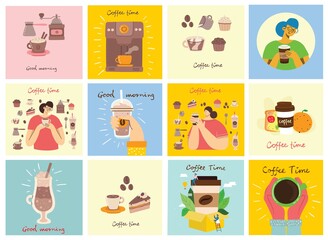 Set of cards with hands hold a cup of hot black dark coffee or beverage, people drinking coffee with cake, with hand written text, simple flat illustration.
