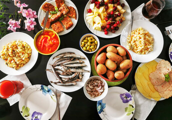 Table with food.