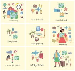 Collage set of travel related symbols plane, ice-cream, luggage, cocktail, go travel hand written text. Travel card, poster, banner vector flat style illustration.