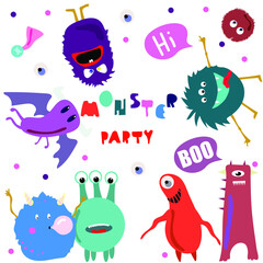 Collection of hand drawn. Monster party. Transparent background.All elements are isolated. Vector