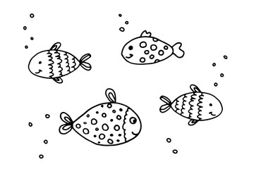 Set of  Doodle hand drawn fishes. Black fishes upon white background. Creative ornament for covers, backgrounds, textile and interior decoration.