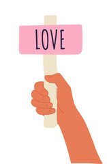 Hand drawn brown human hand with placard. There is word Love on it. Cute vector illustration isolated on white background