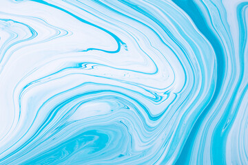 Fluid art texture. Abstract backdrop with iridescent paint effect. Liquid acrylic picture that flows and splashes. Mixed paints for website background. Blue, mint and white overflowing colors
