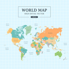 World Map Full Color High Detail. Separated all countries. Vector Illustration