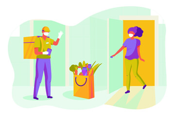 Safe food delivery. Young courier delivering grocery order to the home of customer with mask and gloves during the coronavirus pandemic. Vector cartoon illustration isolated 