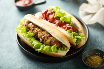 Homemade hot dogs with ketchup and mustard