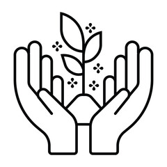 Hands holding soil with tree flat line icon