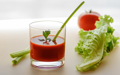 Tomato Juice with Celery Stem as a drinking straw and parsley leaf  and red tomato on a white table
