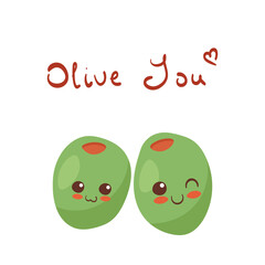 Kawaii Green Olives characters with funny happy faces isolated on white background. Cute doodle vector illustration with lettering. Kids menu concept. Healthy vegan/vegetarian food in cartoon style.