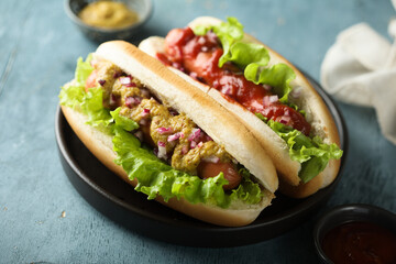 Homemade hot dogs with ketchup and mustard