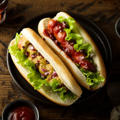 Homemade hot dogs with ketchup and mustard