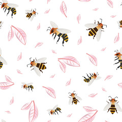 Vector honey bee and pink petals seamless pattern background. Hand drawn striped insect and florals on white backdrop. Garden bug illustration. All over print for summer, food, conservation concept