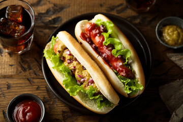 Homemade hot dogs with ketchup and mustard