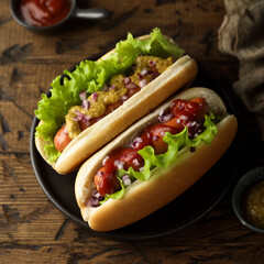 Homemade hot dogs with ketchup and mustard