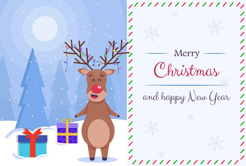 Beautiful and cute cartoon stylized deer. Cartoon fairy deer. Amazing winter holiday card. Christmas greeting card. Vector illustration.