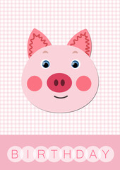 Obraz na płótnie Canvas Happy birthday, holiday, baby shower celebration greeting and invitation card. Layout template in A4 size. Colorful cute vector pig face on squared background. Cartoon flat illustration. Piggy.