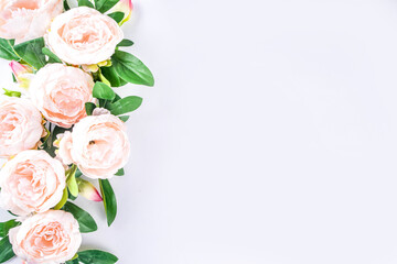 Floral peonies arrangement . Artificial tender white pinkish peony flower with leaves, flat...