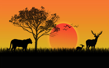 wild animals on sunset