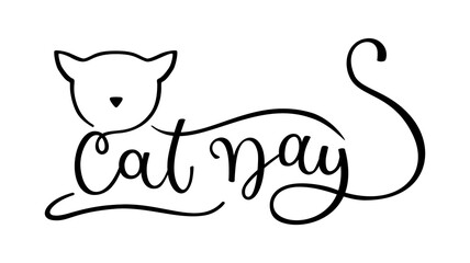 Cat Day. Hand drawing vector logo with cat silhouette isolated on white background. Template for card, poster, print.