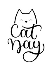 Cat Day. Hand drawing vector logo with cat head isolated on a white background. Template for card, poster, print.