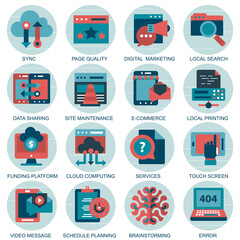 Set vector icons with elements for mobile concepts and web apps. Business and marketing, programming, data management, internet connection, social network, computing, information. Vector