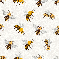 Honey bee vector seamless pattern background. Delicate hand drawn striped flying insect on floral textured backdrop. Garden bug illustration. All over print for summer, food, conservation concept.