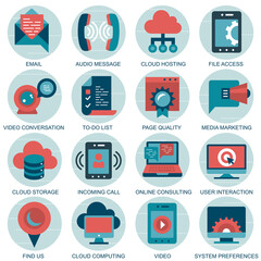 Set vector icons with elements for mobile concepts and web apps. Business and marketing, programming, data management, internet connection, social network, computing, information. Vector