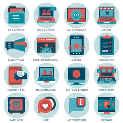 Set vector icons with elements for mobile concepts and web apps. Business and marketing, programming, data management, internet connection, social network, computing, information. Vector