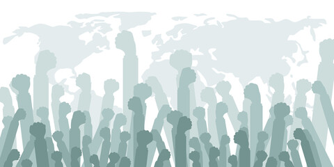 Fist in the air white background, revolution and protest concept, demanding crowd. Flat vector illustration