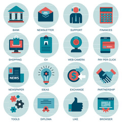 Set vector icons with elements for mobile concepts and web apps. Business and marketing, programming, data management, internet connection, social network, computing, information. Vector