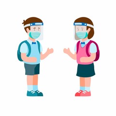 Kids go to School Wear Face Shield and Mask, Boy and Girl Student Talking with Social Distancing in New Normal Activities. Concept in Cartoon Flat illustration Vector on white background