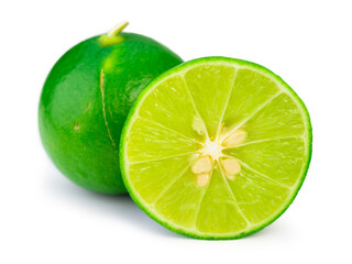 Fresh ripe green limes on white background. (clipping path)