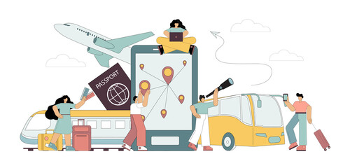 Fototapeta premium Vector concept of vacation planning with flat people travelers. Travel by various means of transport, on-line booking of tickets.