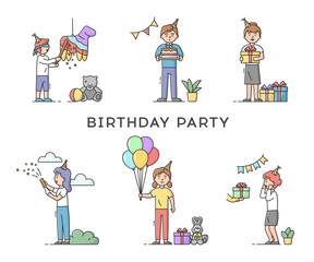 Childhood Birthday Party Celebration Concept. Set Of People Preparing Decorations Or Receiving Gifts. Happy Smiling Man And Woman Celebrating Holiday. Cartoon Linear Outline Flat Vector Illustration