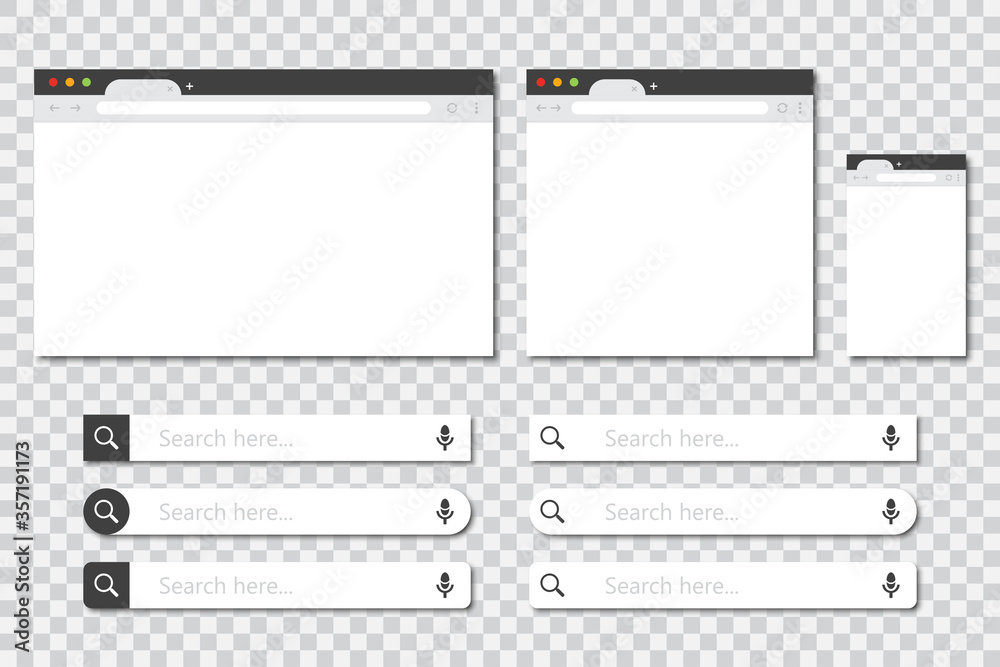 Poster Set of browser windows in different sizes and search bar collection in a flat design with shadow. Mockup of browser window