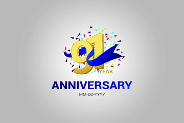91 years anniversary blue ribbon celebration logotype. anniversary logo with golden and Spark light white color isolated on black background, vector design for celebration, invitation vector