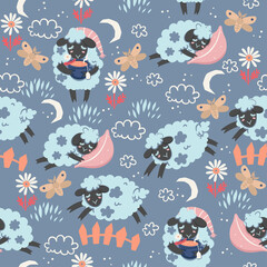 Fototapeta premium Seamless pattern of cute sleepy lambs. Vector graphics.