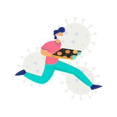 Hurrying pizza delivery man in medical mask and sterile gloves. Safe and fast home delivery. Healthy delivery concept. Flat vector illustration